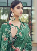 Floral Print Muslin Trendy Salwar Kameez in Green