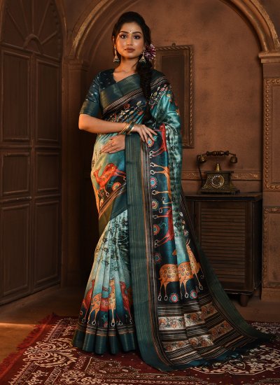 Floral Printed Blue Tussar Silk Designer Saree