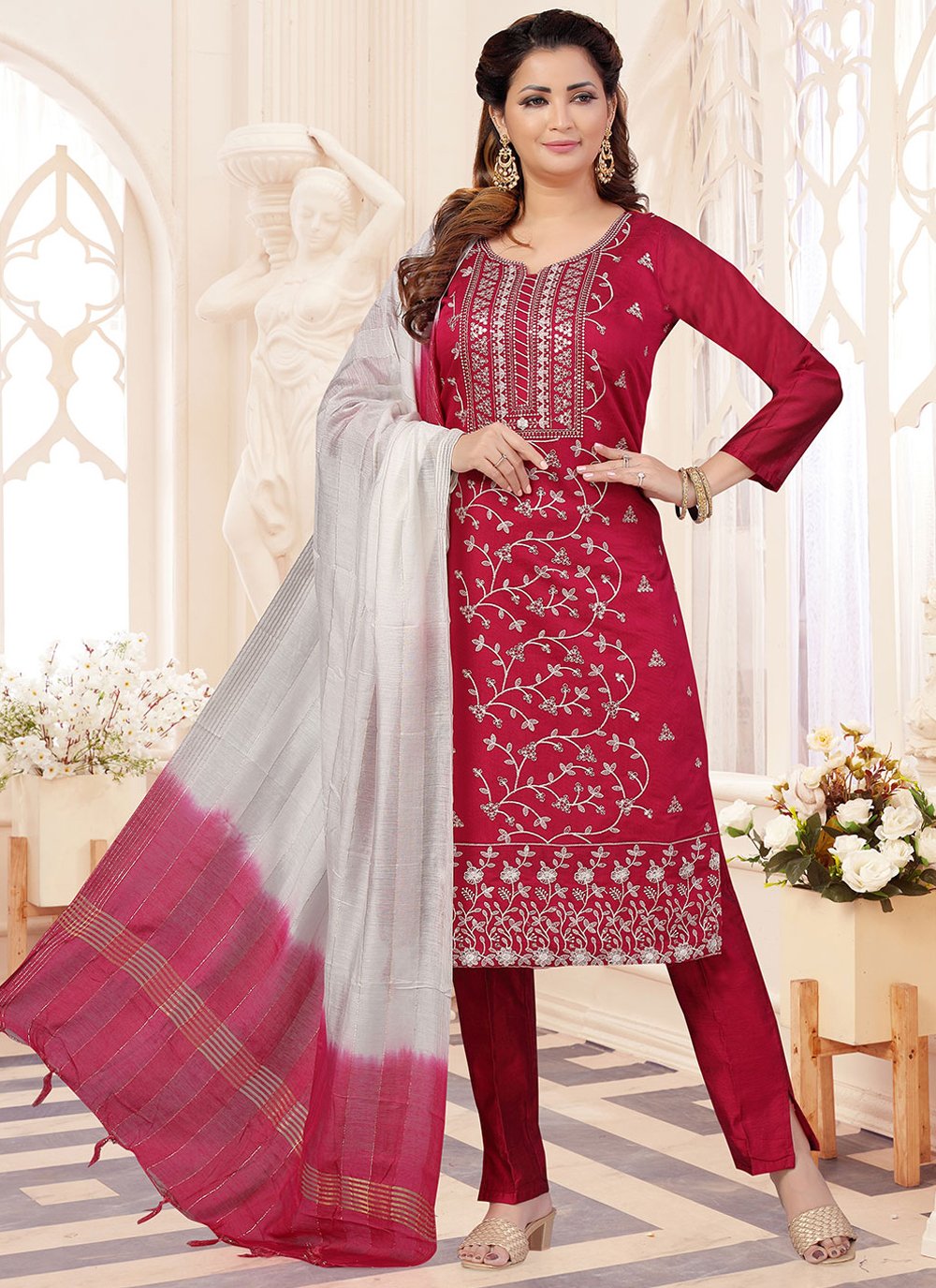 Buy Wedding Wear Purple Thread Work Georgette Readymade Salwar Suit Online  From Surat Wholesale Shop.