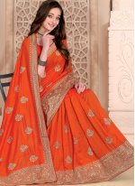 Floral Silk Embroidered Orange Traditional Saree