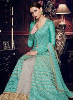 Floral Turquoise Zari Floor Length Anarkali Suit