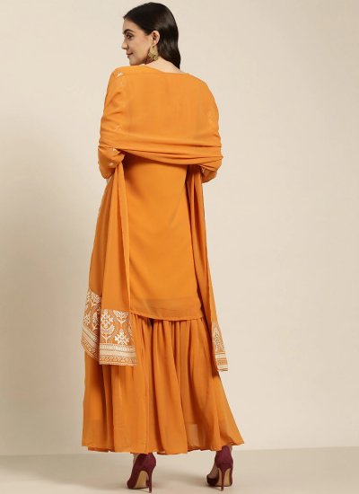 Foil Print Georgette Readymade Salwar Suit in Orange