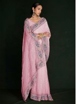 Genius Georgette Lucknowi work Pink Contemporary Saree