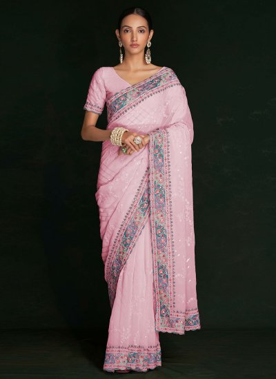 Genius Georgette Lucknowi work Pink Contemporary Saree