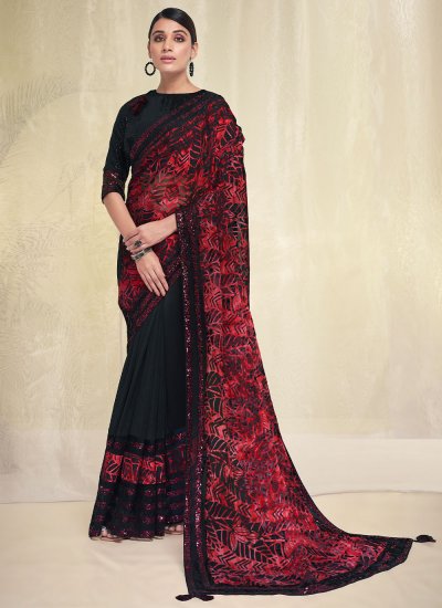 Georgette Applique Traditional Saree in Black