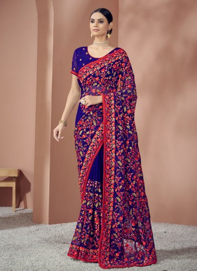 Georgette Blue Embroidered Classic Saree