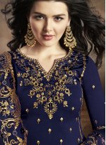 Georgette Embroidered Designer Palazzo Salwar Suit in Navy Blue