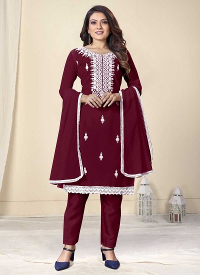 Georgette Embroidered Maroon Trendy Salwar Suit
