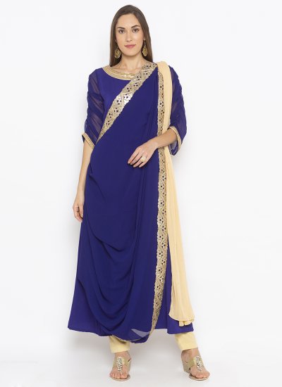 Georgette Embroidered Pant Style Suit in Blue