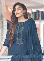 Georgette Embroidered Pant Style Suit in Teal