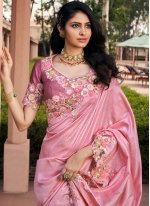 Georgette Embroidered Pink Classic Saree