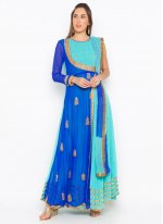 Georgette Embroidered Readymade Salwar Suit in Aqua Blue
