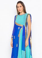 Georgette Embroidered Readymade Salwar Suit in Aqua Blue