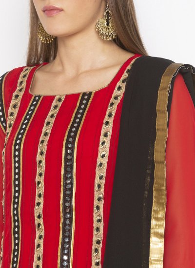 Georgette Embroidered Red Designer Pakistani Suit