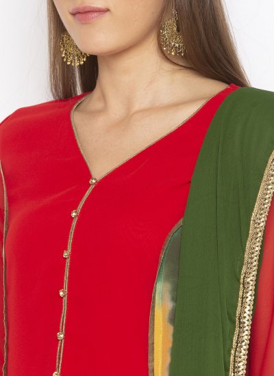 Georgette Embroidered Red Pant Style Suit
