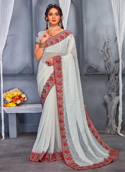 Georgette Embroidered Saree in Off White