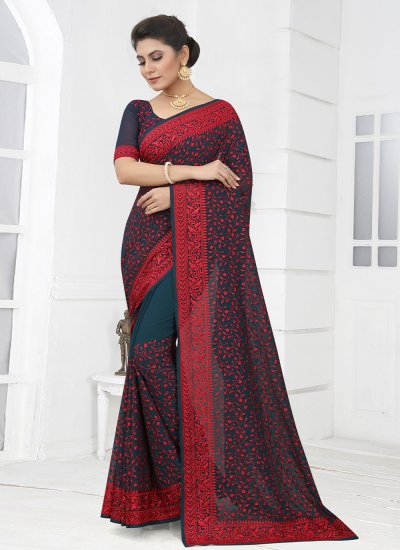 Georgette Embroidered Teal Classic Saree