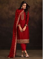 Georgette Embroidered Trendy Salwar Kameez in Red