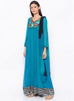 Georgette Embroidered Turquoise Kalidar Salwar Suit