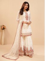 Georgette Embroidered White Palazzo Salwar Suit