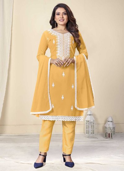 Georgette Embroidered Yellow Trendy Salwar Suit