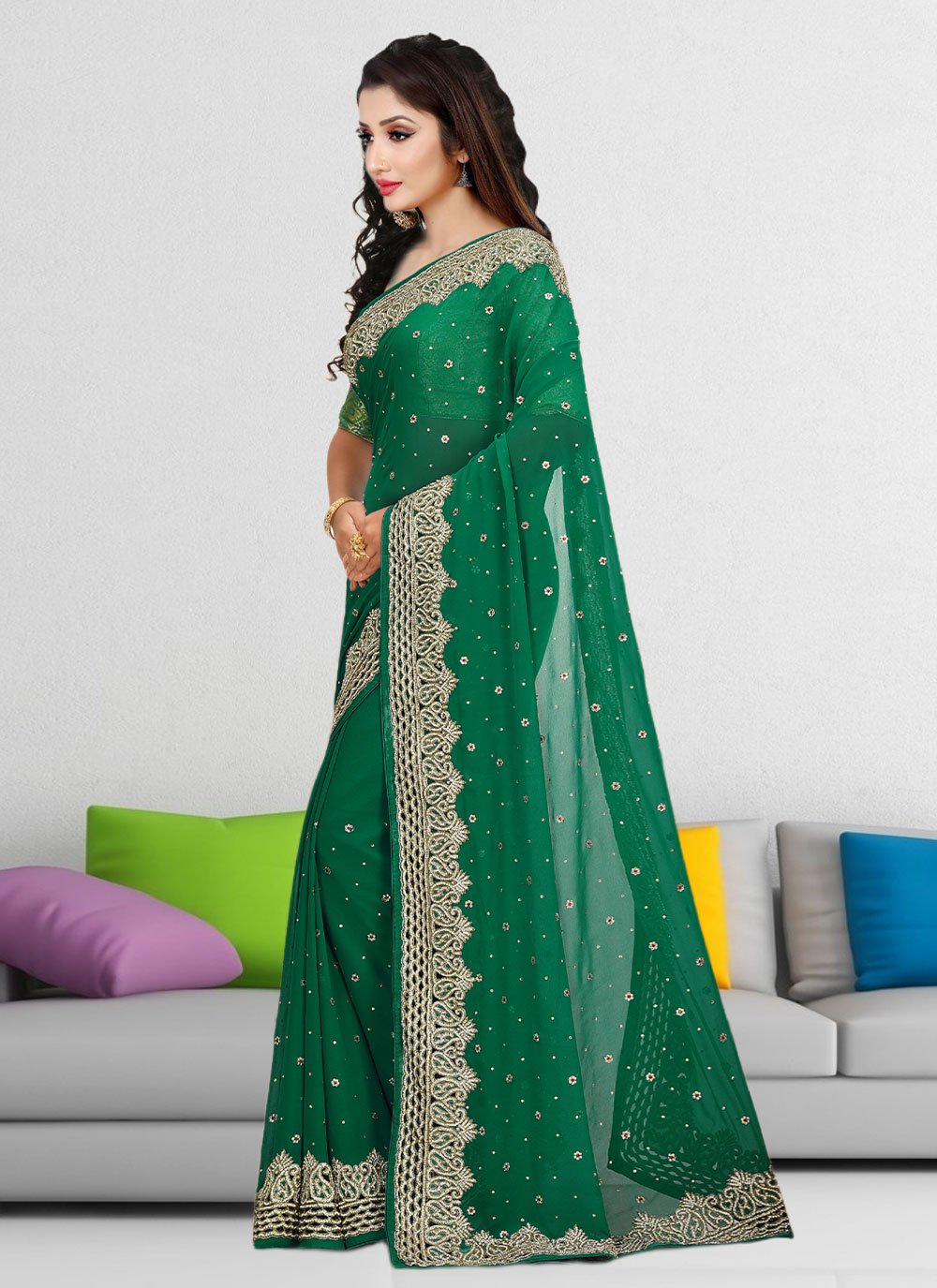 Bottle Green Fox Georgette Saree With Swarovski Diamond Work