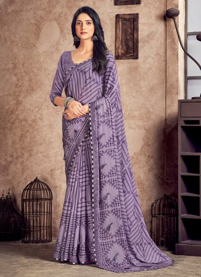 Buy Lavender Georgette Floral Printed Banarasi Saree Online - Karmaplace