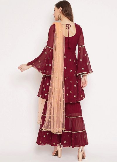 Georgette Maroon Embroidered Palazzo Salwar Suit