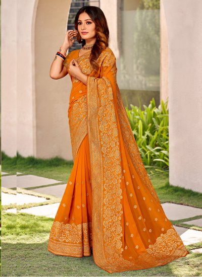Georgette Mustard Embroidered Contemporary Saree