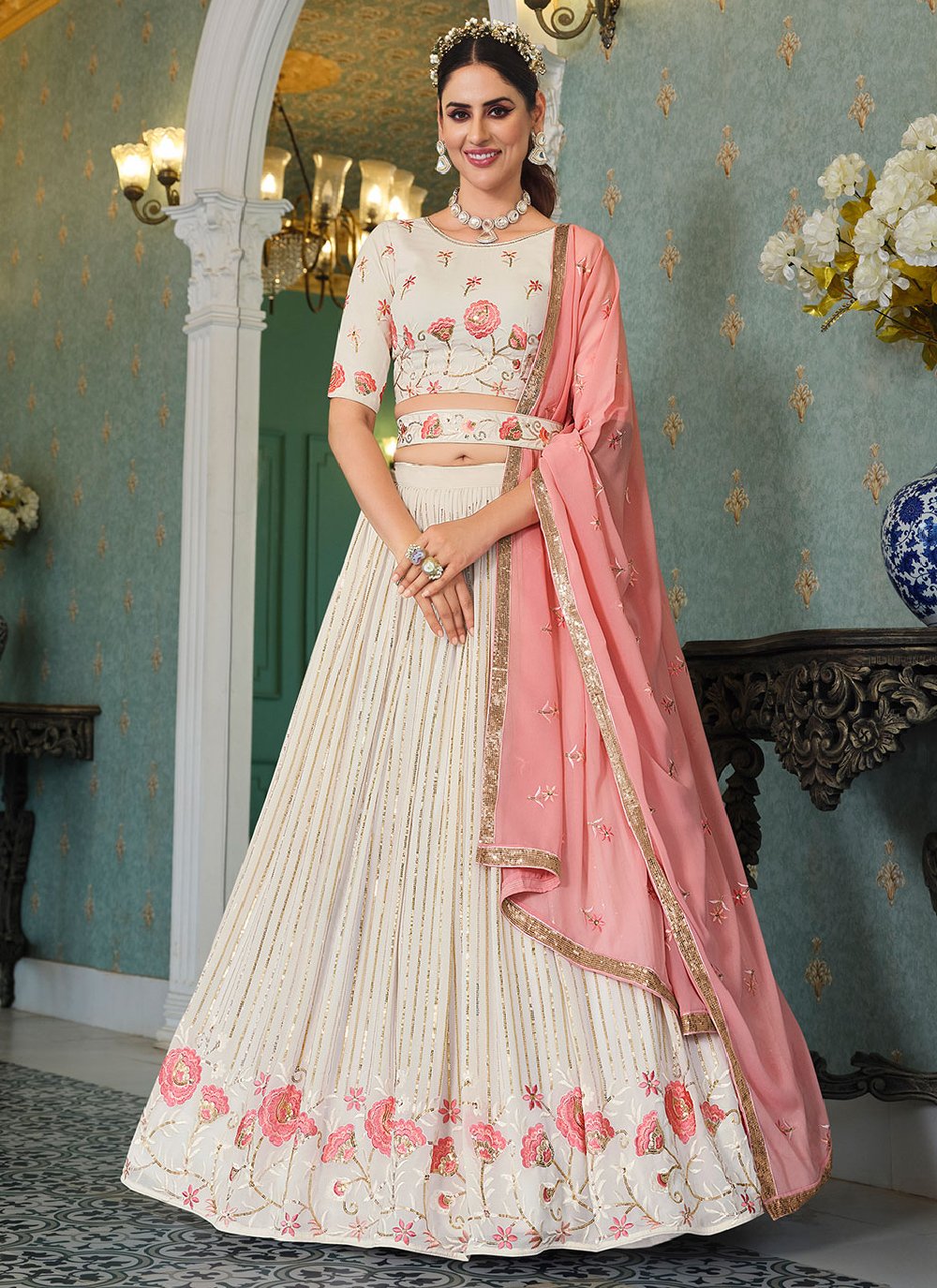 Buy online White Sequined Work Semi Stitched Flared Lehenga from ethnic  wear for Women by Fashionuma for ₹1499 at 69% off | 2024 Limeroad.com