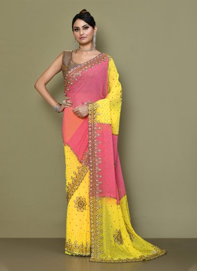 Georgette Pink and Yellow Contemporary Saree