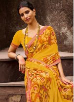 Georgette Printed Designer Saree in Yellow