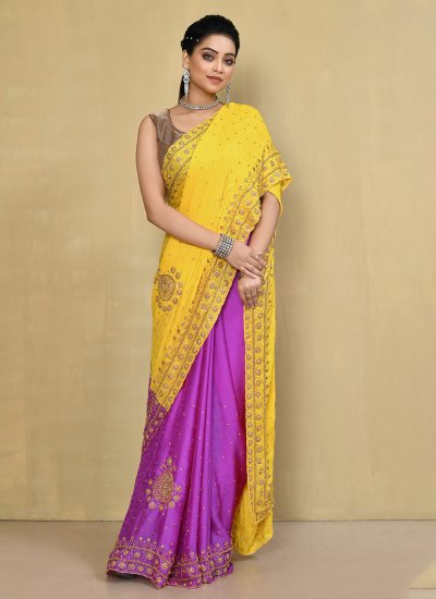 Georgette Purple and Yellow Embroidered Trendy Saree