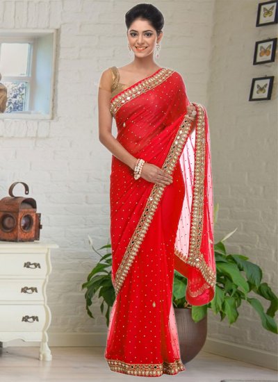 Georgette Red Contemporary Style Saree