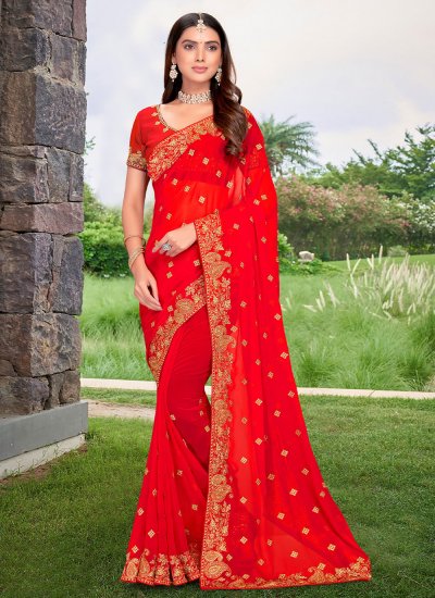 Georgette Red Traditional Saree