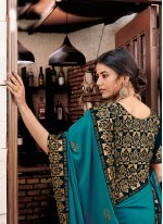 Georgette Satin Patch Border Turquoise Trendy Saree