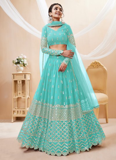 Georgette Sequins A Line Lehenga Choli in Turquoise