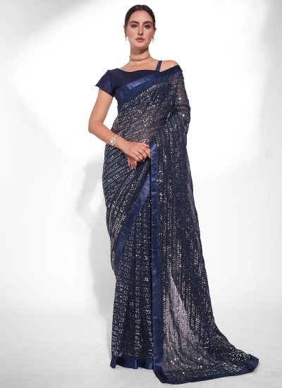 Georgette Sequins Blue Contemporary Style Saree