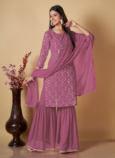 Georgette Sequins Pink Readymade Salwar Kameez