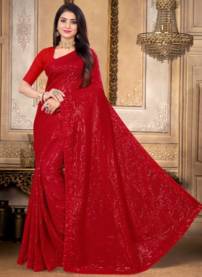 Georgette Sequins Red Contemporary Saree