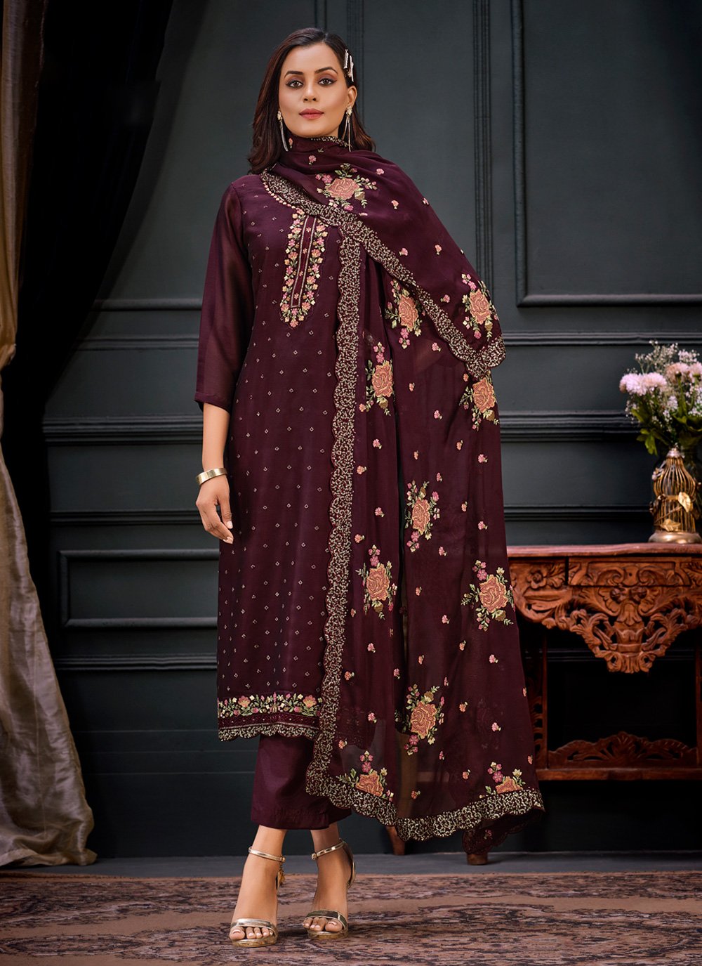 Wine Colored Velvet Designer Salwar Suit