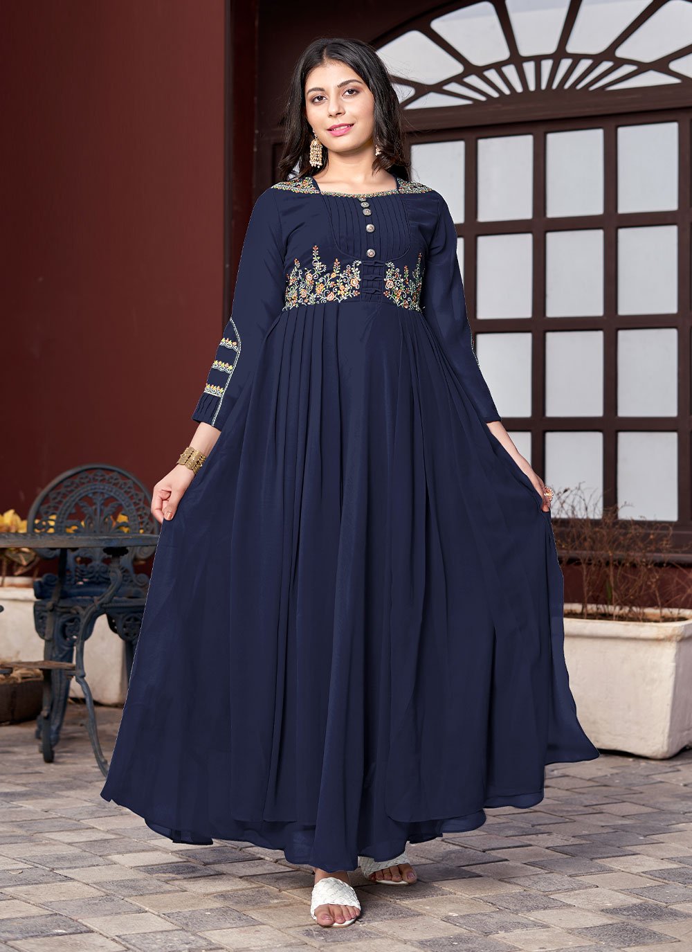 Georgette Trendy Gown in Navy Blue -