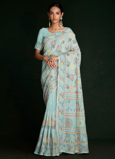 Georgette Turquoise Lucknowi work Designer Saree