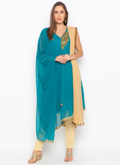 Georgette Turquoise Zardosi Work Trendy Salwar Suit