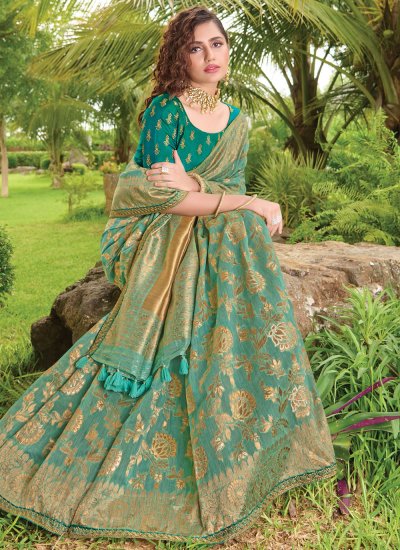 Gilded Embroidered Green Silk Designer Traditional Saree