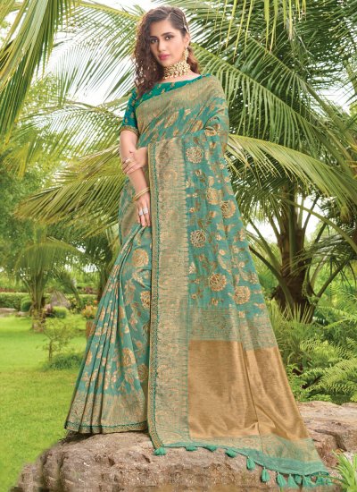 Gilded Embroidered Green Silk Designer Traditional Saree