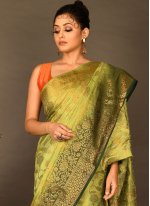 Gilded Kanchipuram Silk Green Handwork Classic Designer Saree