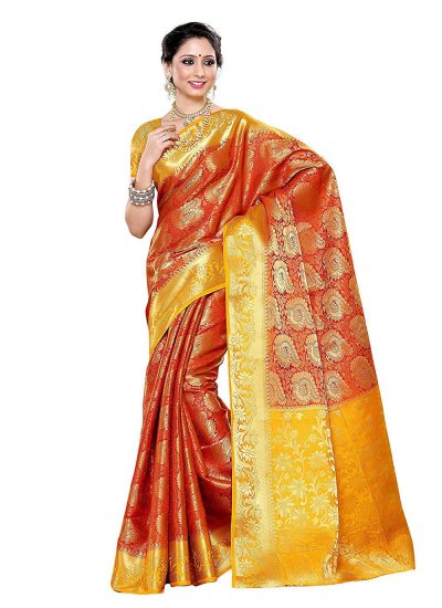Gilded Kanjivaram Silk Zari Rust Designer Saree