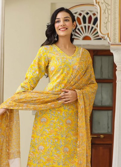 Gilded Yellow Printed Trendy Salwar Kameez