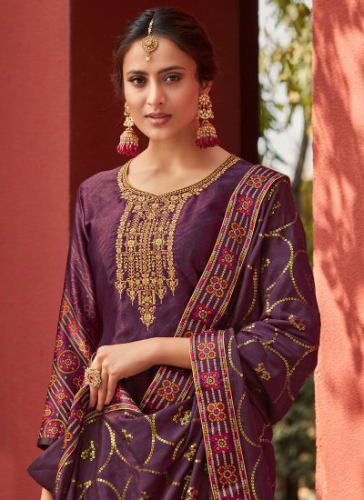 Girlish Digital Print Satin Purple Designer Palazzo Salwar Suit